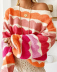 Rose Red Wave Striped Balloon Sleeve Drop Sweater