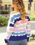 Rose Red Wave Striped Balloon Sleeve Drop Sweater