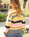 Rose Red Wave Striped Balloon Sleeve Drop Sweater