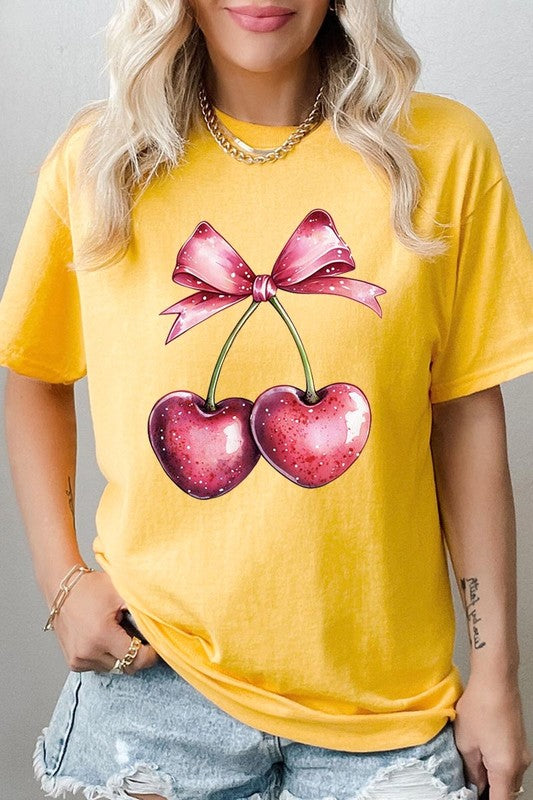 Heart Cherries With Bow Graphic Heavy Cotton Tee