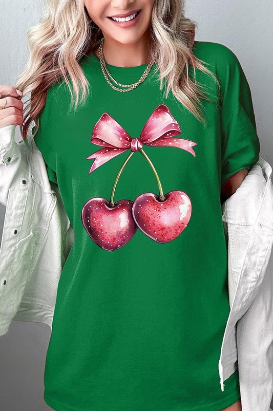 Heart Cherries With Bow Graphic Heavy Cotton Tee