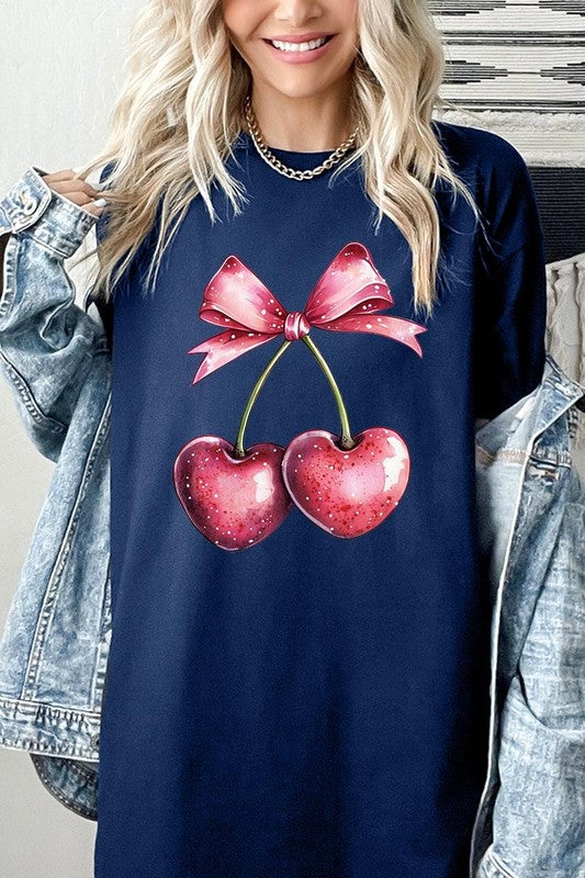 Heart Cherries With Bow Graphic Heavy Cotton Tee