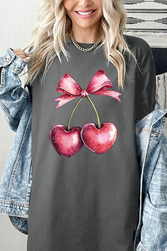 Heart Cherries With Bow Graphic Heavy Cotton Tee