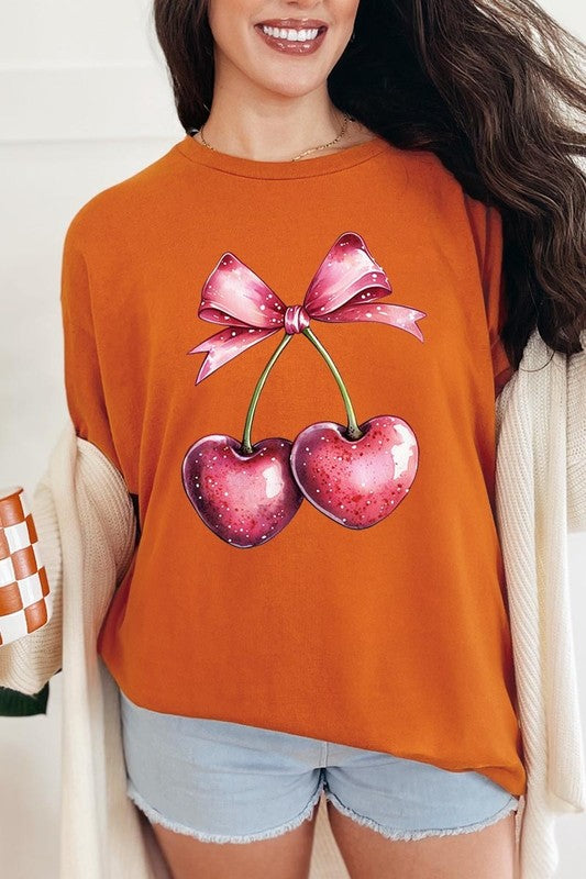 Heart Cherries With Bow Graphic Heavy Cotton Tee