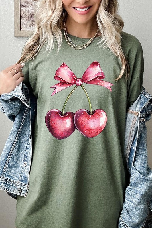 Heart Cherries With Bow Graphic Heavy Cotton Tee