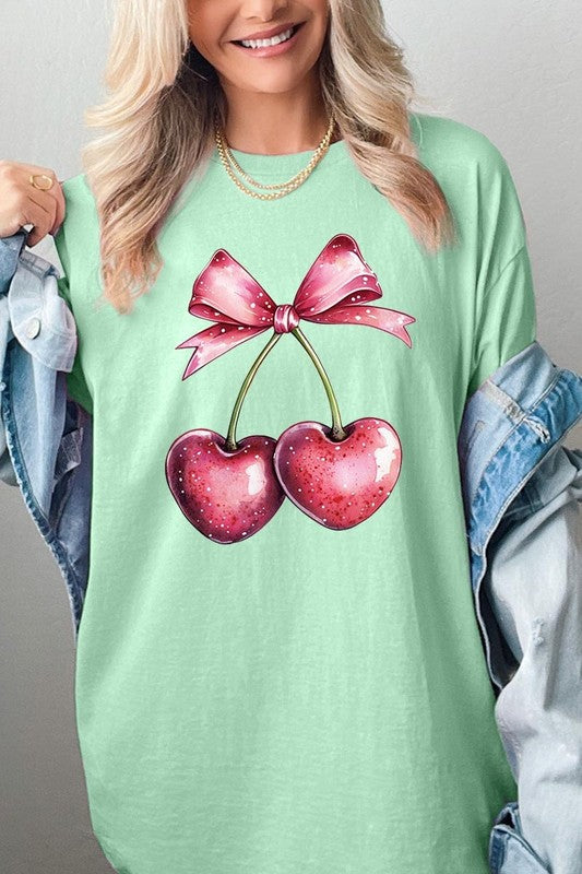 Heart Cherries With Bow Graphic Heavy Cotton Tee