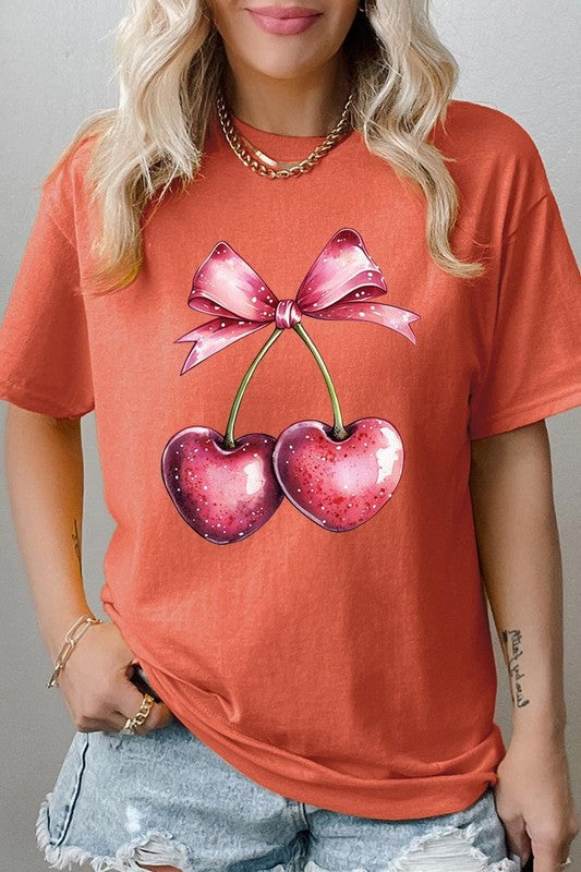 Heart Cherries With Bow Graphic Heavy Cotton Tee