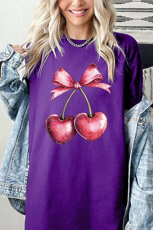 Heart Cherries With Bow Graphic Heavy Cotton Tee