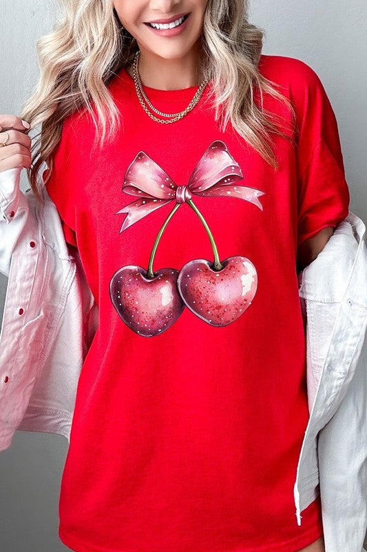 Heart Cherries With Bow Graphic Heavy Cotton Tee