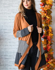 Orange Colorblock Striped Patchwork Open Cardigan