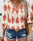 Women Geometric Printed 3/4 Sleeve V Neck Blouse