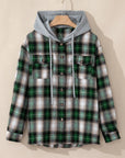 Women Plaid Print Chest Hooded Shacket Jackets