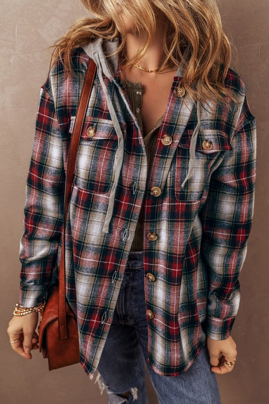 Women Plaid Print Chest Hooded Shacket Jackets