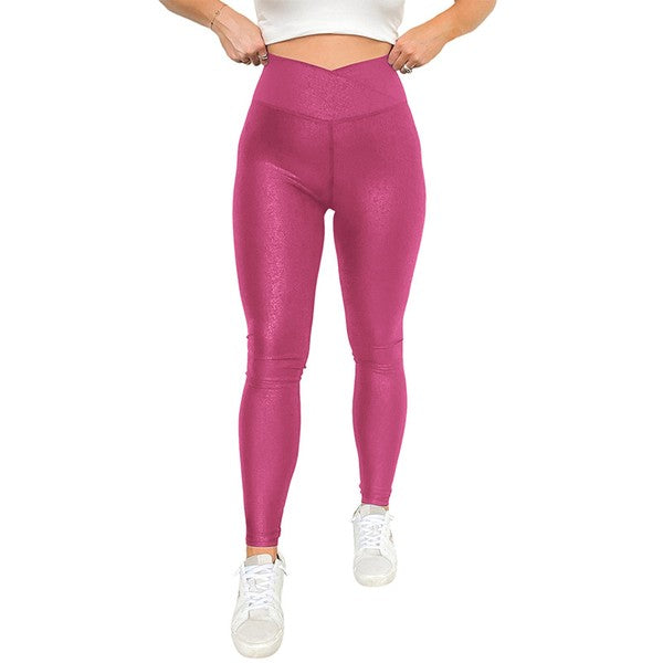 Women Crossed Dip Waist Sleek Faux Leather Leggings