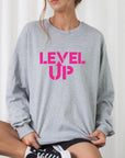 Pink Ink Level Up Graphic Crew Sweatshirt