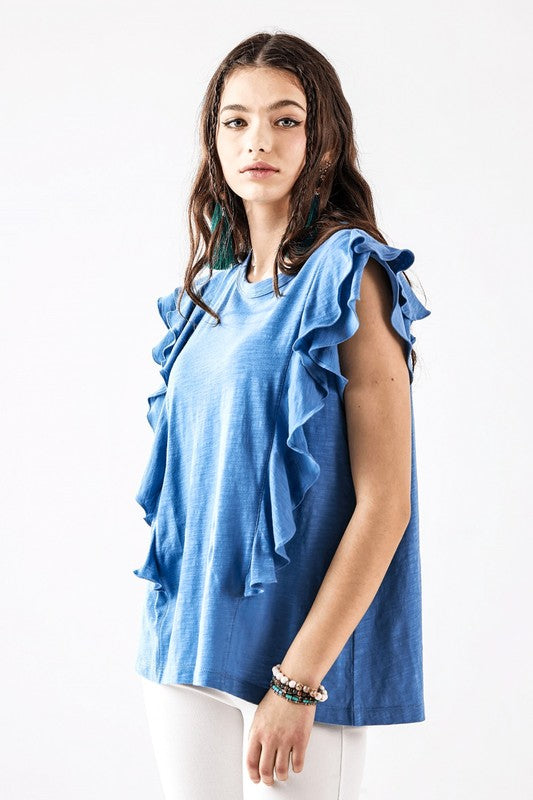 Cotton Slub Double Ruffle Tiered Sleeve Tee