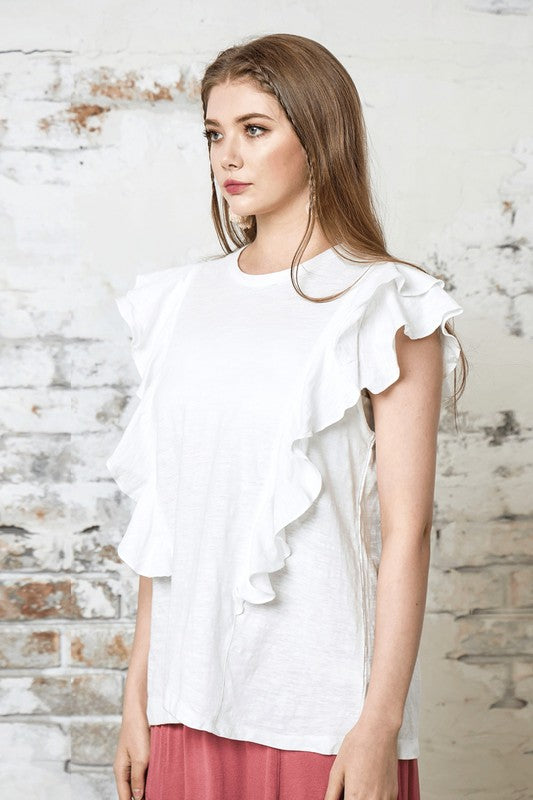 Cotton Slub Double Ruffle Tiered Sleeve Tee