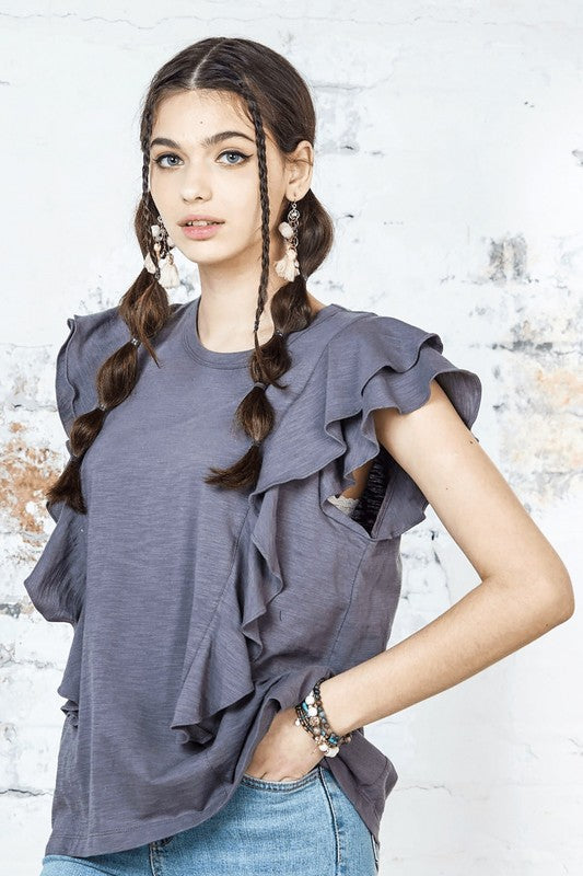 Cotton Slub Double Ruffle Tiered Sleeve Tee