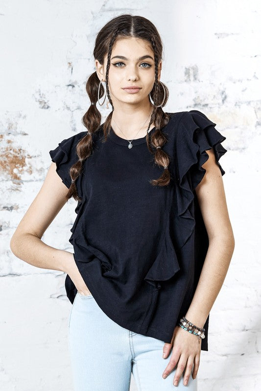 Cotton Slub Double Ruffle Tiered Sleeve Tee