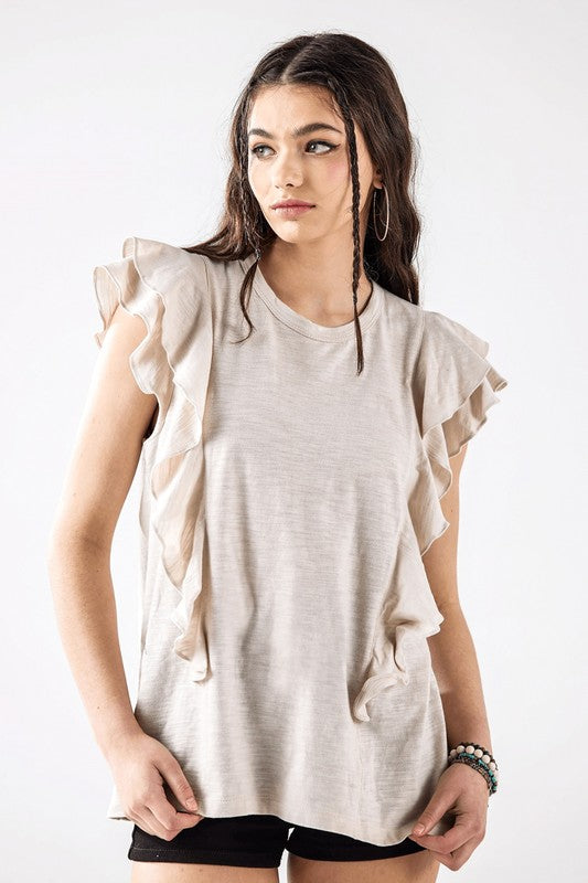 Cotton Slub Double Ruffle Tiered Sleeve Tee