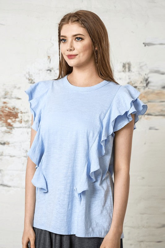Cotton Slub Double Ruffle Tiered Sleeve Tee
