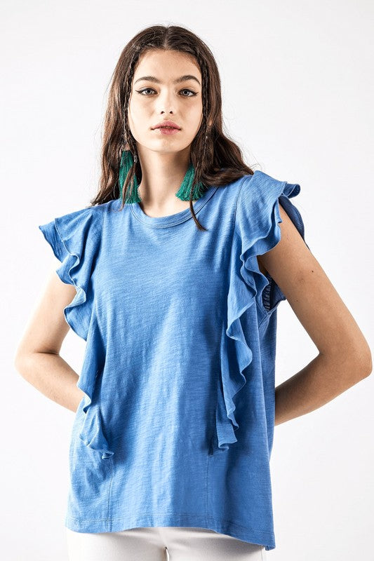 Cotton Slub Double Ruffle Tiered Sleeve Tee