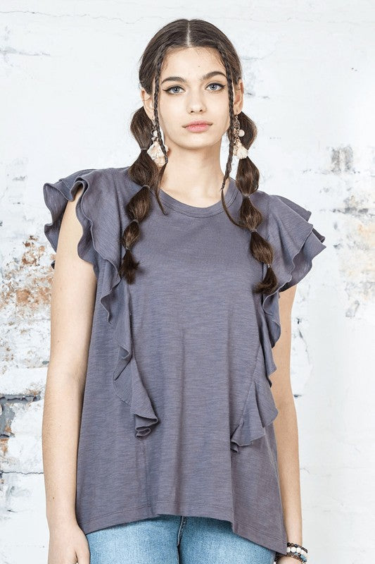 Cotton Slub Double Ruffle Tiered Sleeve Tee