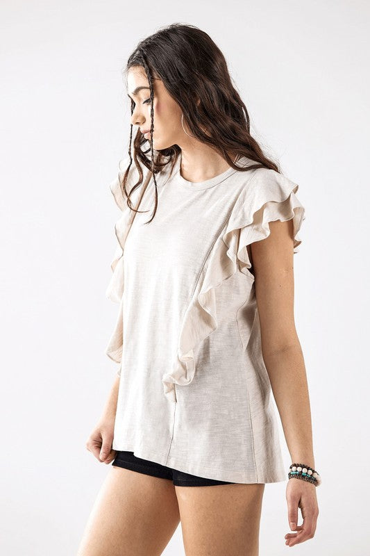Cotton Slub Double Ruffle Tiered Sleeve Tee