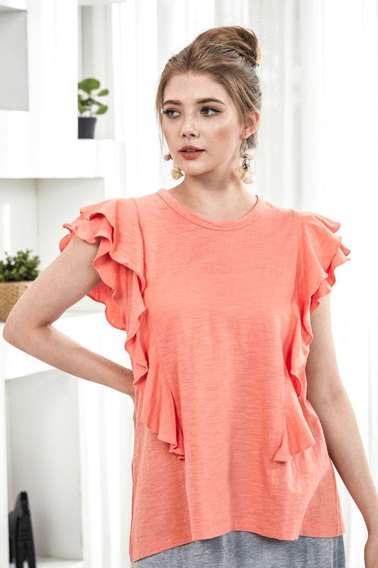 Cotton Slub Double Ruffle Tiered Sleeve Tee