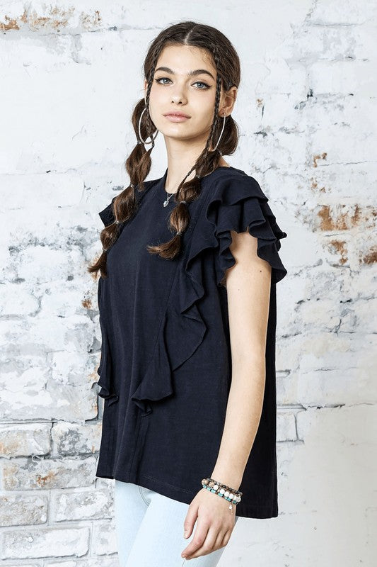 Cotton Slub Double Ruffle Tiered Sleeve Tee