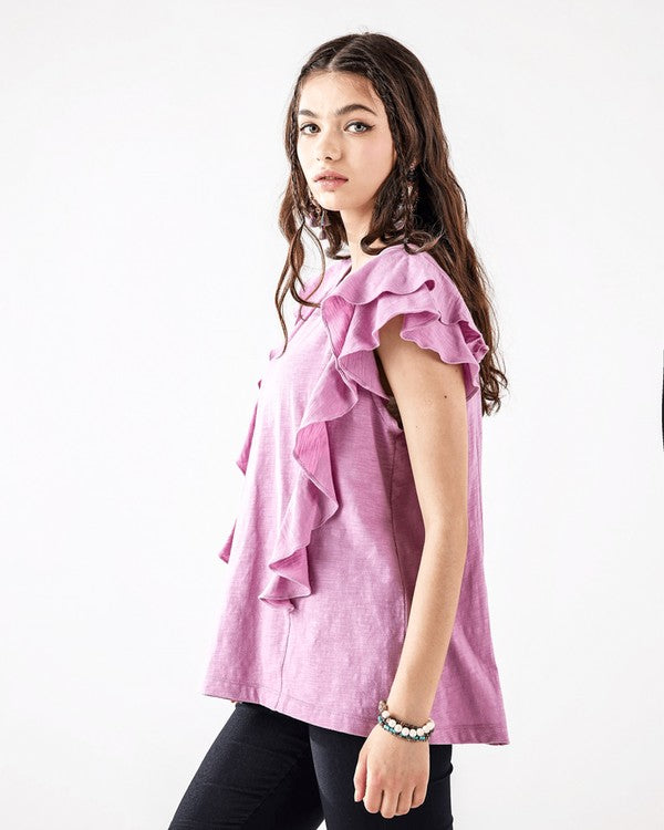 Plus Cotton Slub Double Ruffle Tiered Sleeve Tee