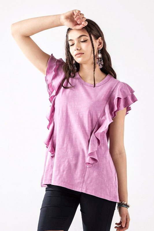 Plus Cotton Slub Double Ruffle Tiered Sleeve Tee
