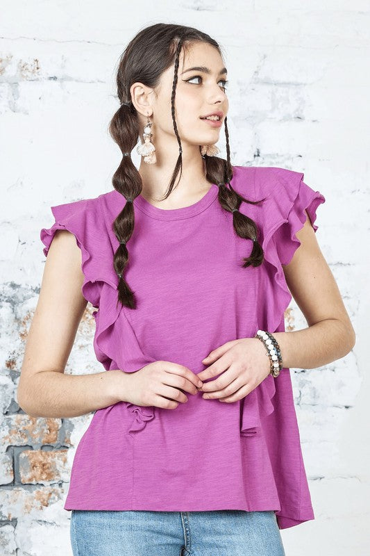 Plus Cotton Slub Double Ruffle Tiered Sleeve Tee