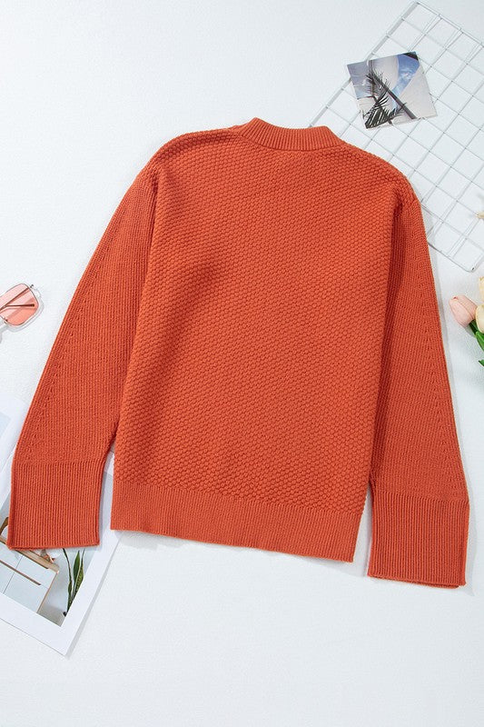 Solid Knit Split Cuff Drop Shoulder Sweater