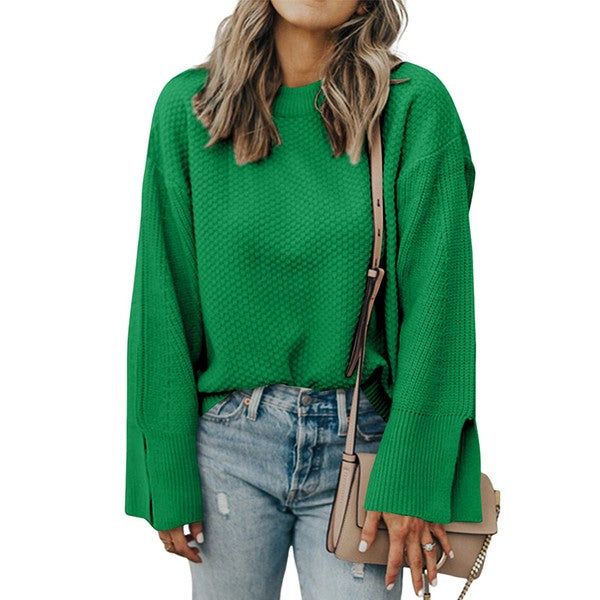 Solid Knit Split Cuff Drop Shoulder Sweater