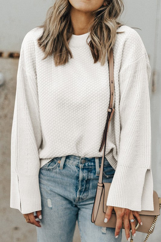 Solid Knit Split Cuff Drop Shoulder Sweater