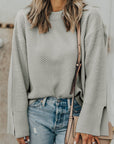 Solid Knit Split Cuff Drop Shoulder Sweater