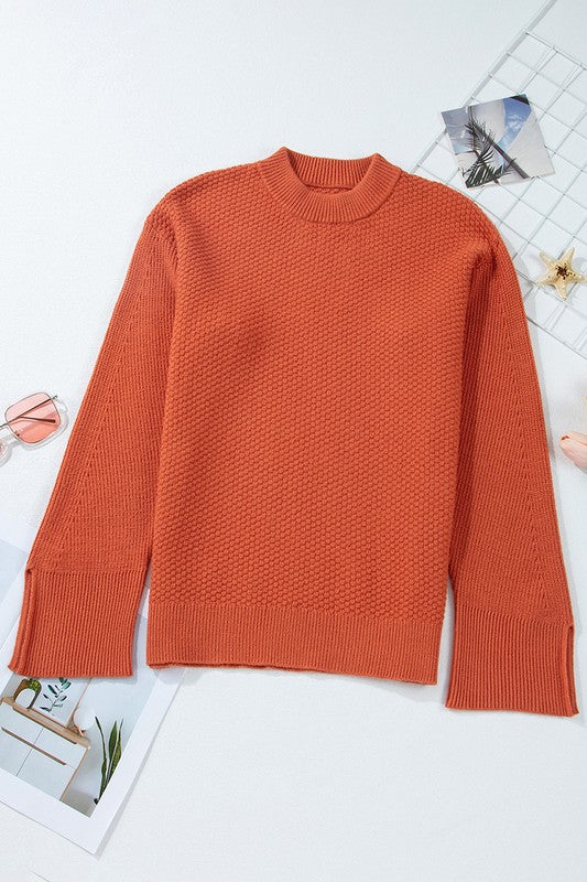 Solid Knit Split Cuff Drop Shoulder Sweater