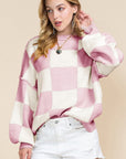 Women Checkered Bishop Sleeve Sweater