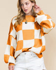 Women Checkered Bishop Sleeve Sweater