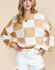 Women Checkered Bishop Sleeve Sweater