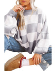 Women Checkered Bishop Sleeve Sweater