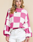 Women Checkered Bishop Sleeve Sweater