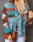 Geometric Print Frayed Hem Denim Jacket