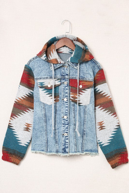 Geometric Print Frayed Hem Denim Jacket