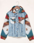 Geometric Print Frayed Hem Denim Jacket