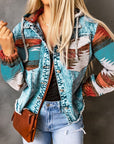 Geometric Print Frayed Hem Denim Jacket