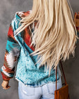 Geometric Print Frayed Hem Denim Jacket