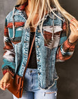 Geometric Print Frayed Hem Denim Jacket