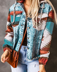 Geometric Print Frayed Hem Denim Jacket